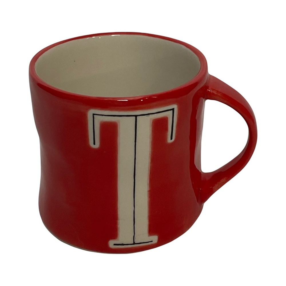 Anthropologie Hand Painted Red Mug w/White Letter Graphic. Wash & Microwave Safe